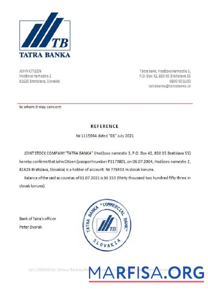 Printable Slovakia Tatra Bank reference sample